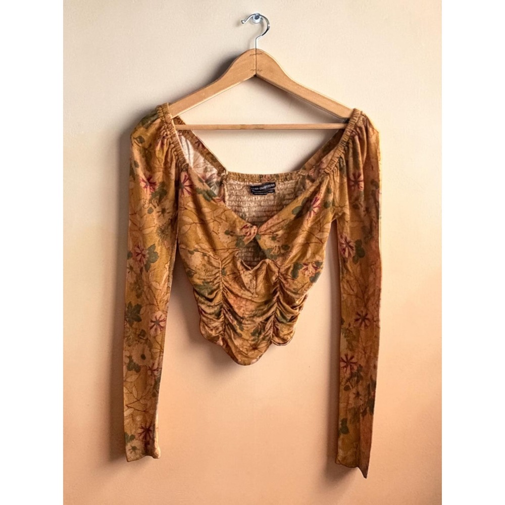 Urban Outfitters Mustard Floral Ruched‎ Keyhole Long Sleeve Crop Top Medium